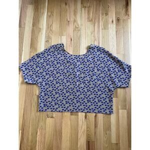 Vintage Tan and Blue Elephant Print Boxy Wide Pullover Crop Top Blouse (OS)